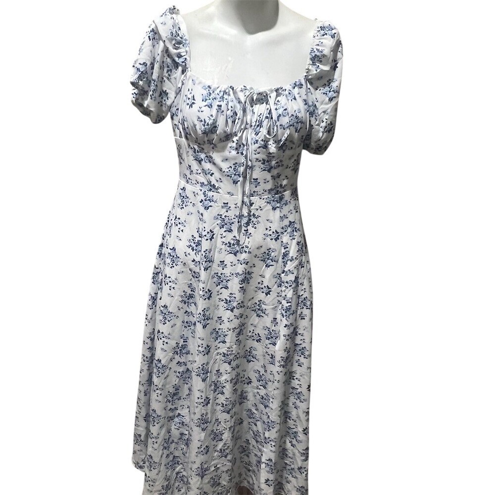 SHEIN Dress Womens Size M White & Blue Floral Milkmaid Midi Puff Sleeve